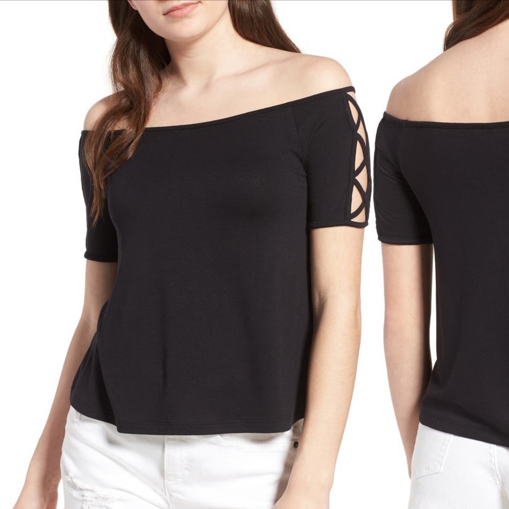 Nordstrom BP NWT! Sz S Draped Off-the-Shoulder Black Top Strappy Lace-Up Sleeve